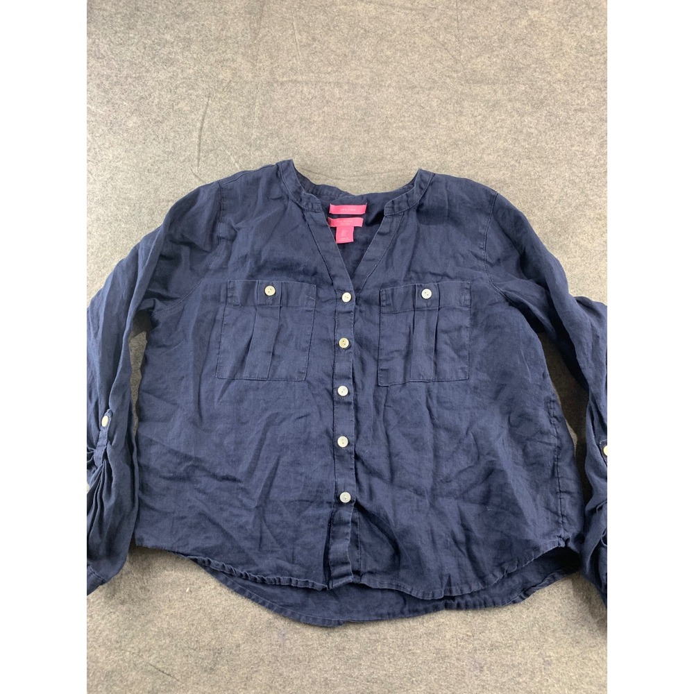 Isaac Mizrahi Navy Blue 100% Linen Roll Tab Button Down Shirt Women's L Boho